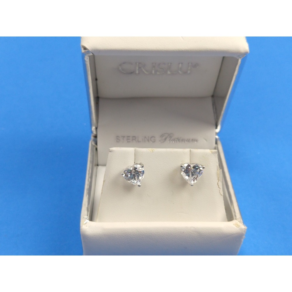 Crislu Sterling Silver Platinum Heart Cubic Zirconia Stud Earrings 900199E